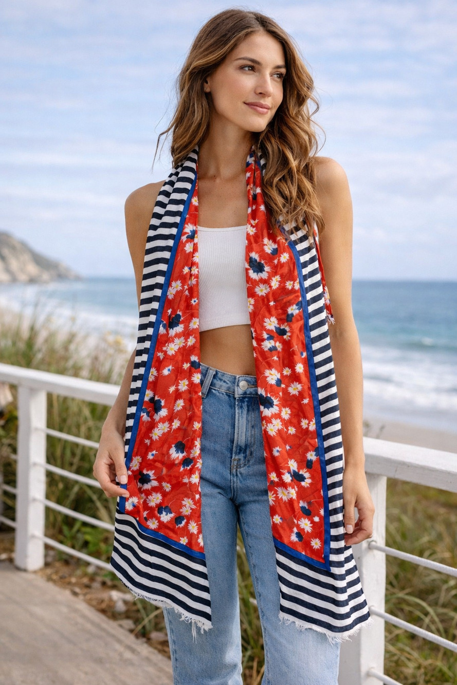 Colorful Red Poppy Floral long Scarf Nautical Stripe Coastal Cottagecore light